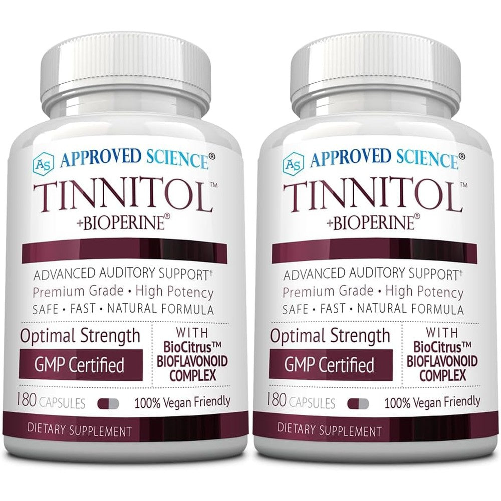 Approved Science Tinnitol front view bottle of tinnitus support supplement for ear ringing relief.