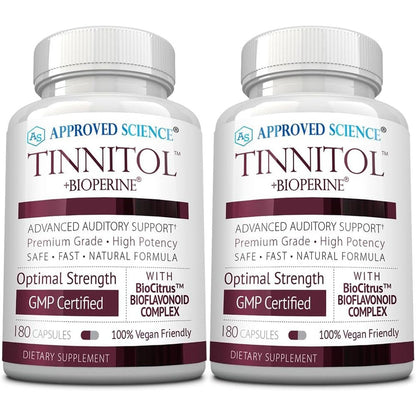 Approved Science Tinnitol front view bottle of tinnitus support supplement for ear ringing relief.