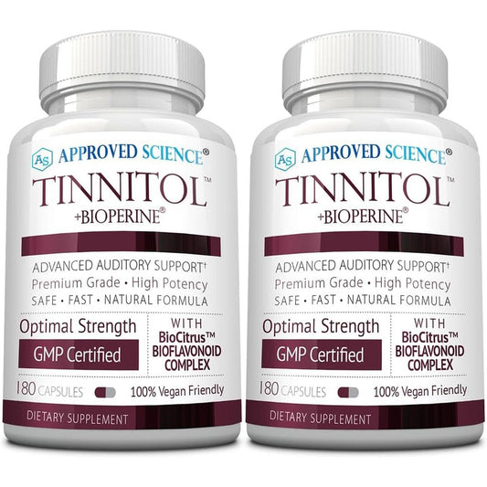 Approved Science Tinnitol front view bottle of tinnitus support supplement for ear ringing relief.