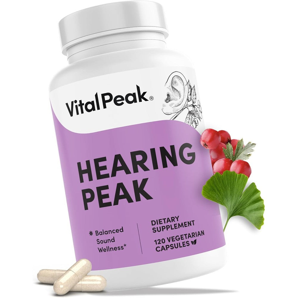Vital Peak Hearing Peak tinnitus supplement front view of lavender bottle for ear health support.