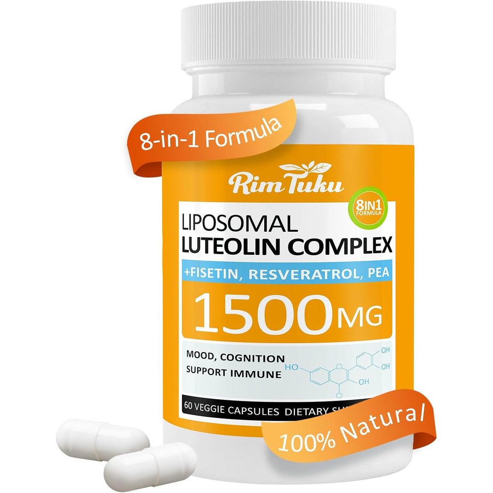 RimTuku Liposomal Luteolin 1500mg supplement front view bottle for cognitive support.