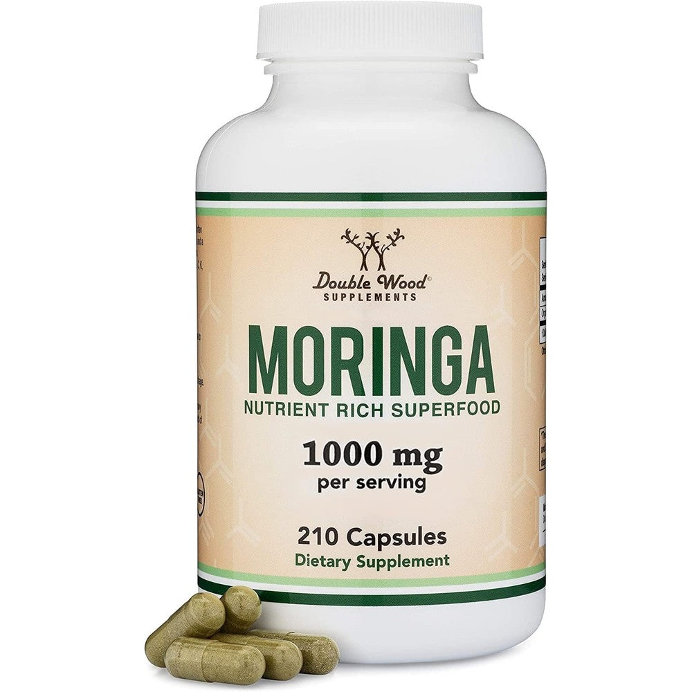 Double Wood Supplements Organic Moringa Capsules 1000mg front view showing vegan dietary supplement bottle