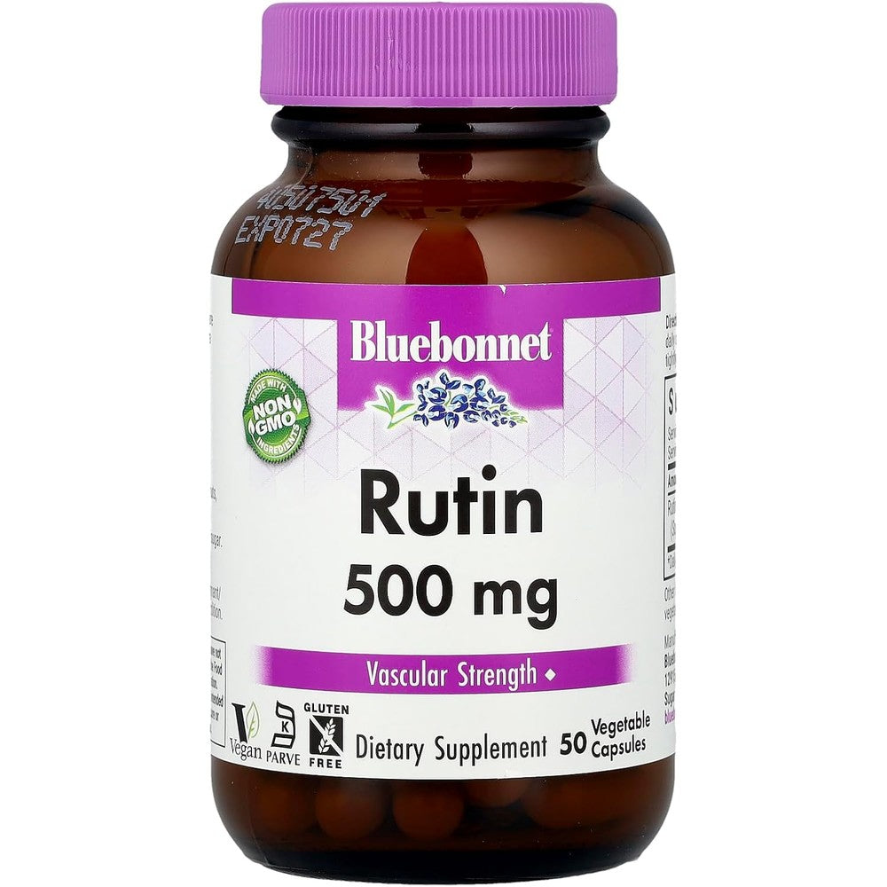 BlueBonnet Nutrition Rutin 500 mg bottle front view showing vascular support antioxidant supplement.