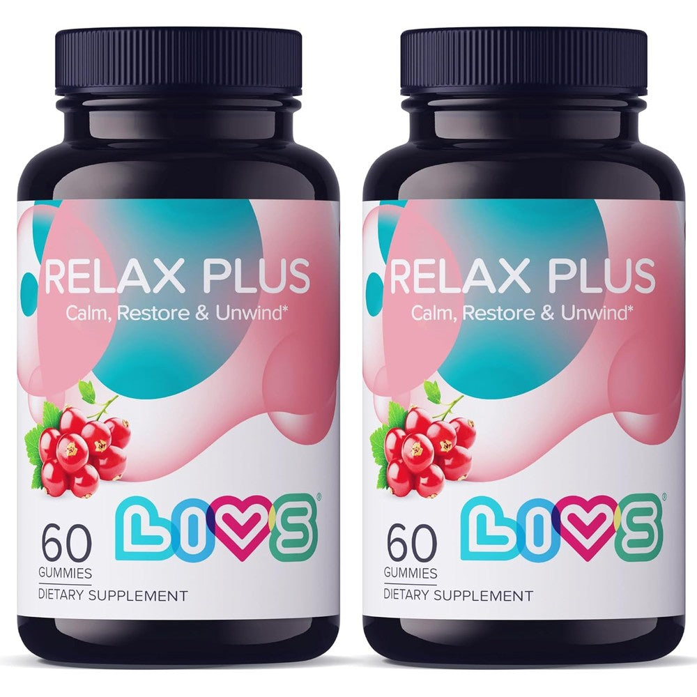 LIVS Relax Plus Gummies 120 Count front view bottle for stress relief and calm support