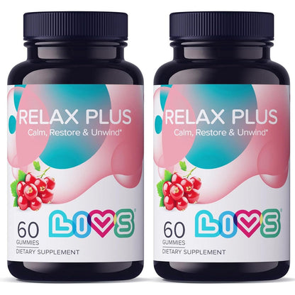 LIVS Relax Plus Gummies 120 Count front view bottle for stress relief and calm support