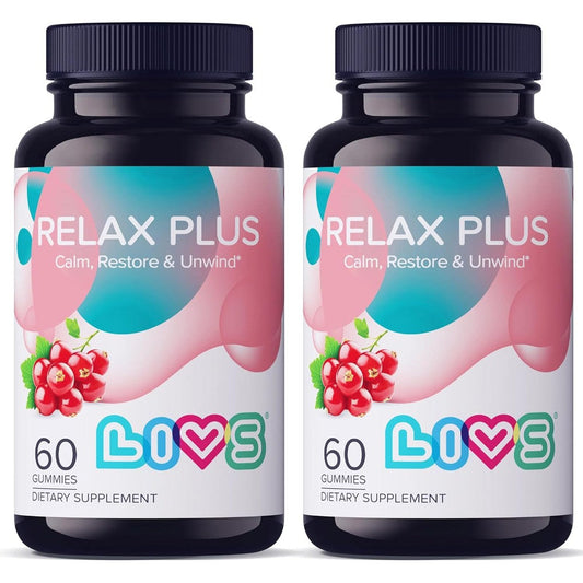 LIVS Relax Plus Gummies 120 Count front view bottle for stress relief and calm support