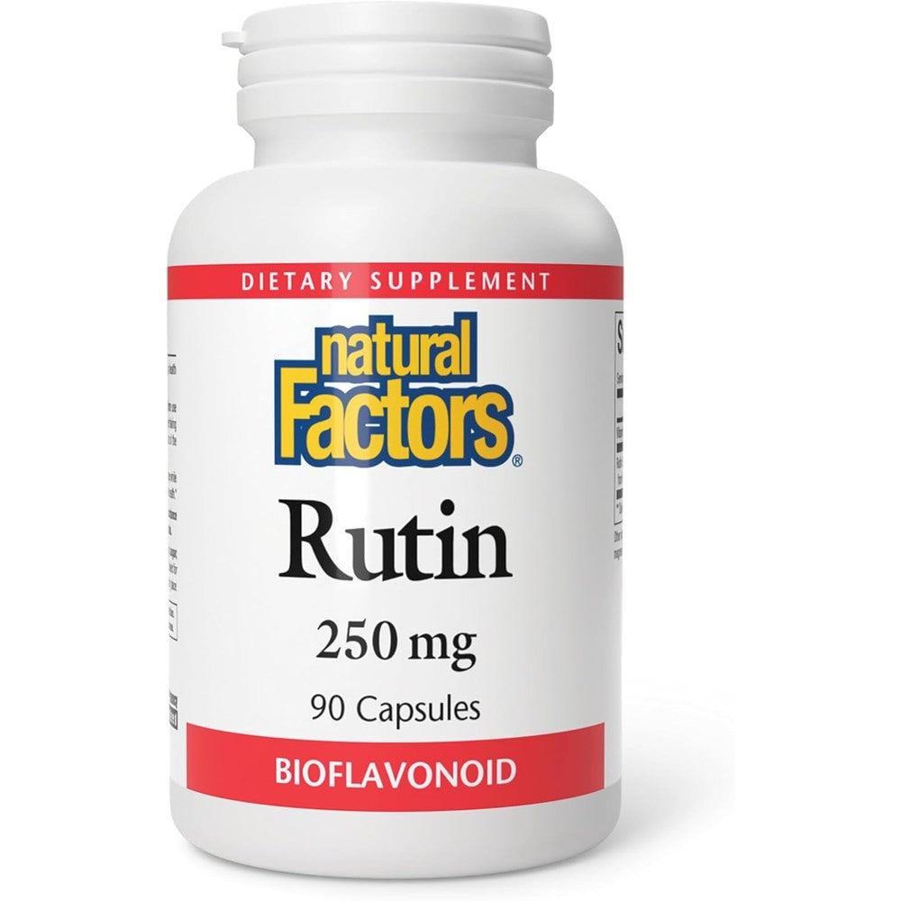 Natural Factors Rutin 250mg ninety capsules bottle front view showing product name and bioflavonoid benefits