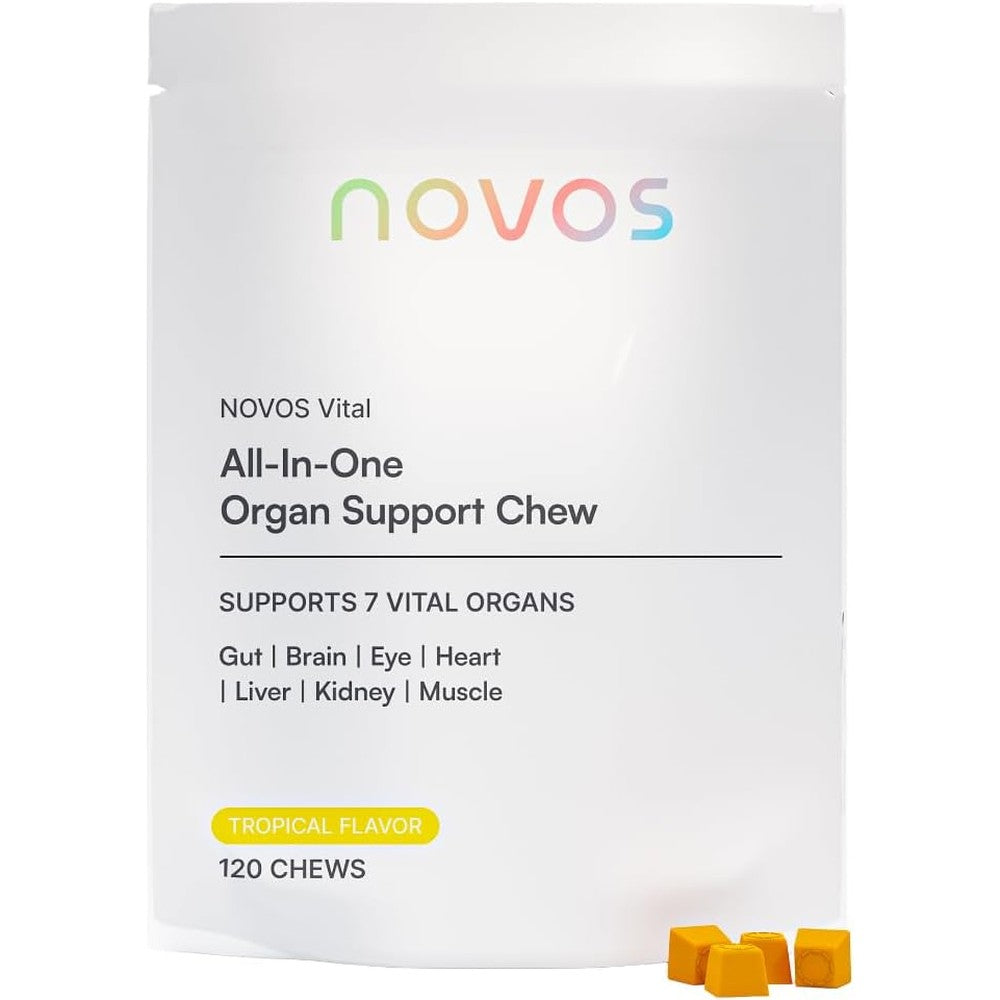 Novos Vital nutritional supplement chews 120 count front view packaging for longevity organ support