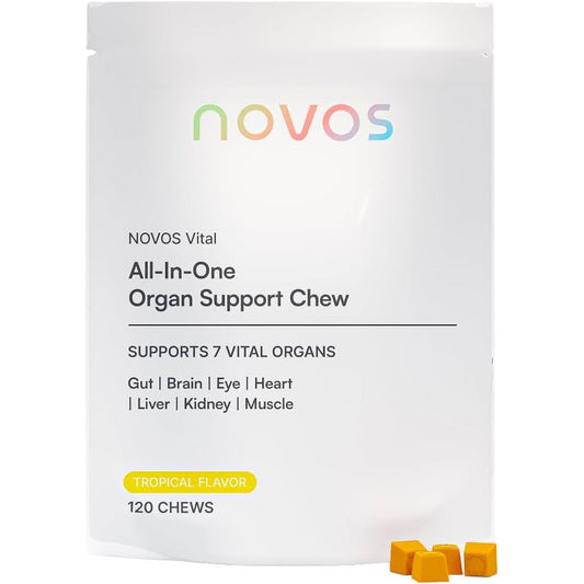 Novos Vital nutritional supplement chews 120 count front view packaging for longevity organ support