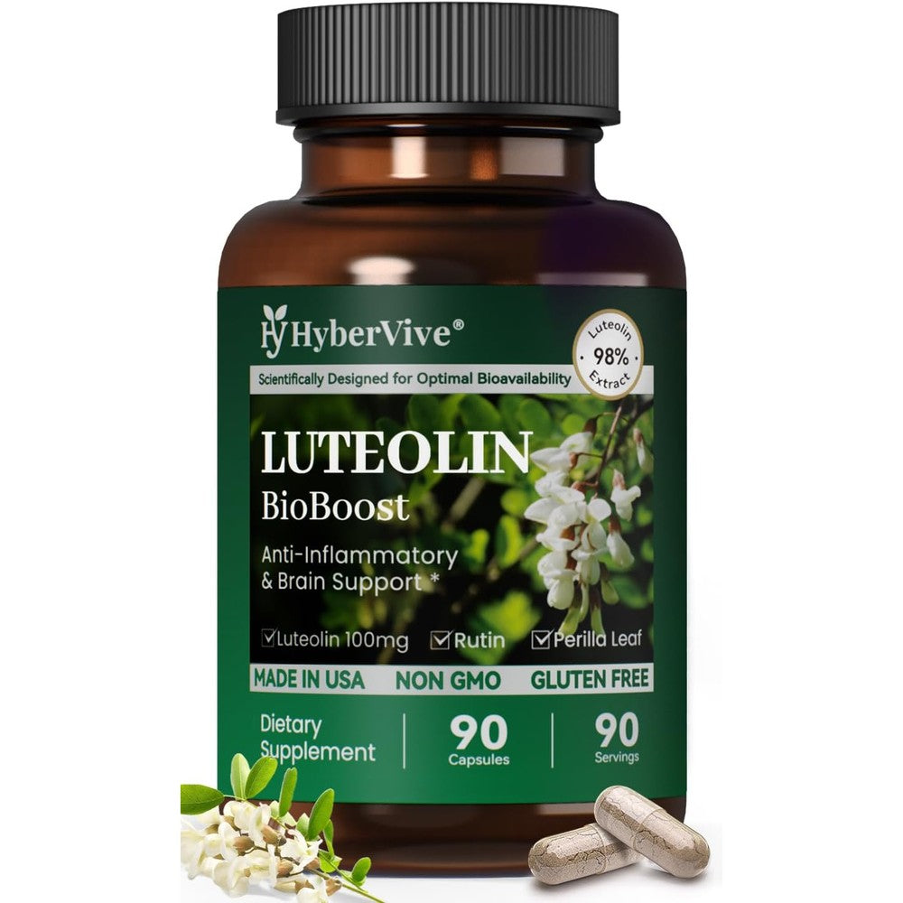 HyberVive Luteolin BioBoost 90 vegan capsules front bottle view for brain health