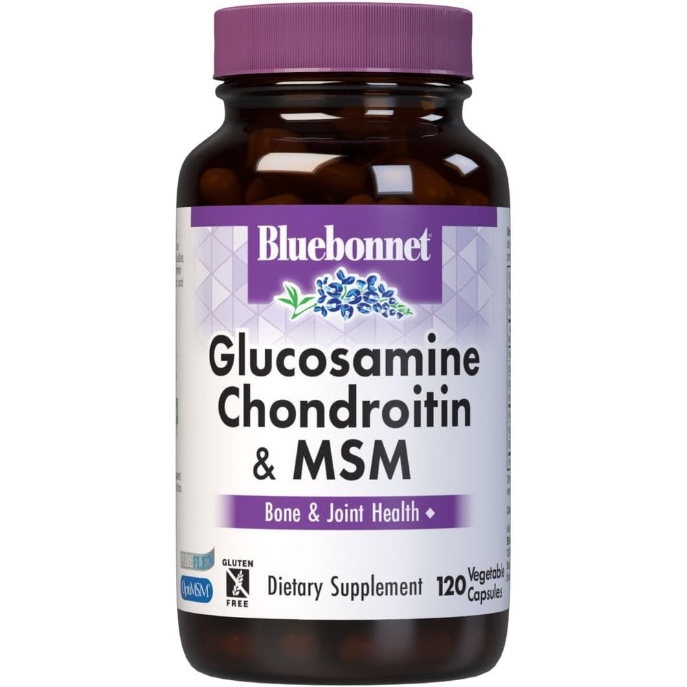 Bluebonnet Glucosamine Chondroitin and MSM 120 capsules front view for joint support.