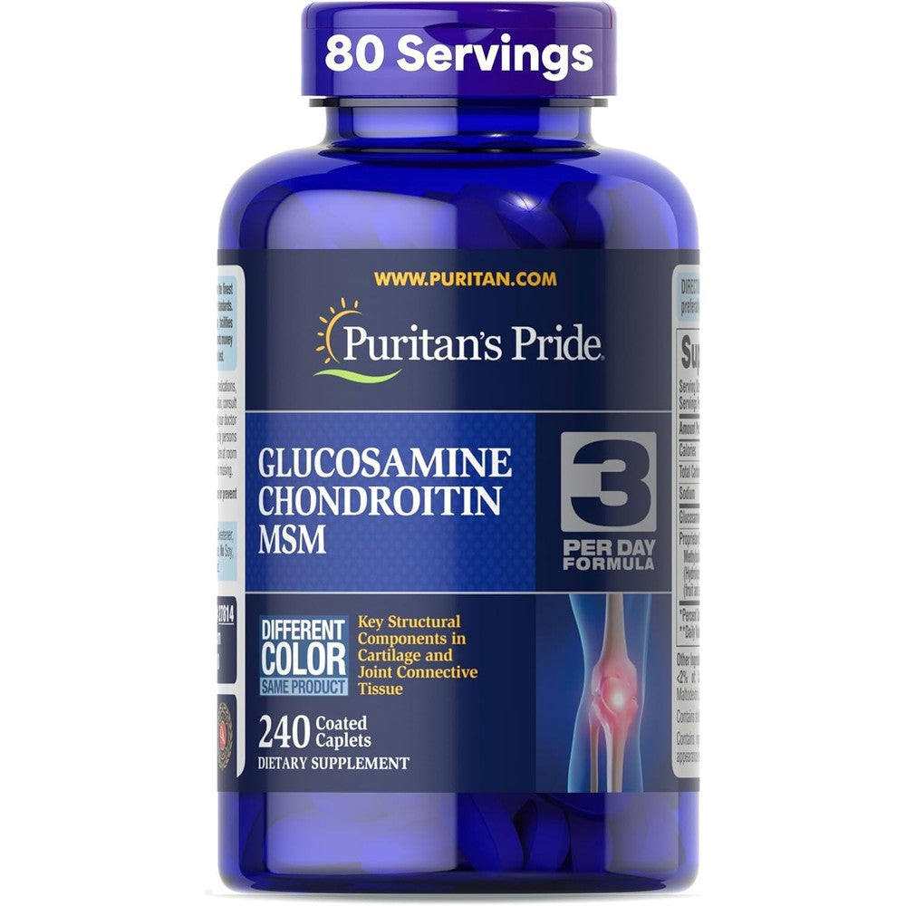 Puritan's Pride Double Strength Glucosamine Chondroitin MSM 240 Caplets front bottle view for joint support.