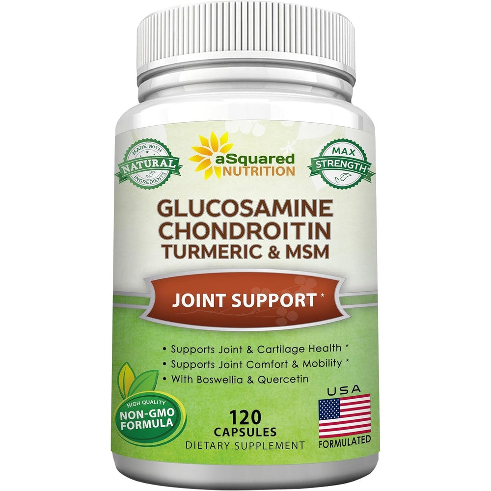 ASquared Nutrition Glucosamine Chondroitin Turmeric MSM 120 Capsules front view for joint support.
