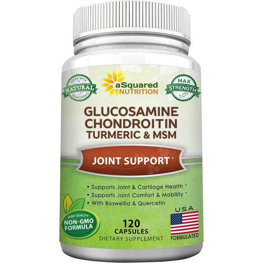ASquared Nutrition Glucosamine Chondroitin Turmeric MSM 120 Capsules front view for joint support.