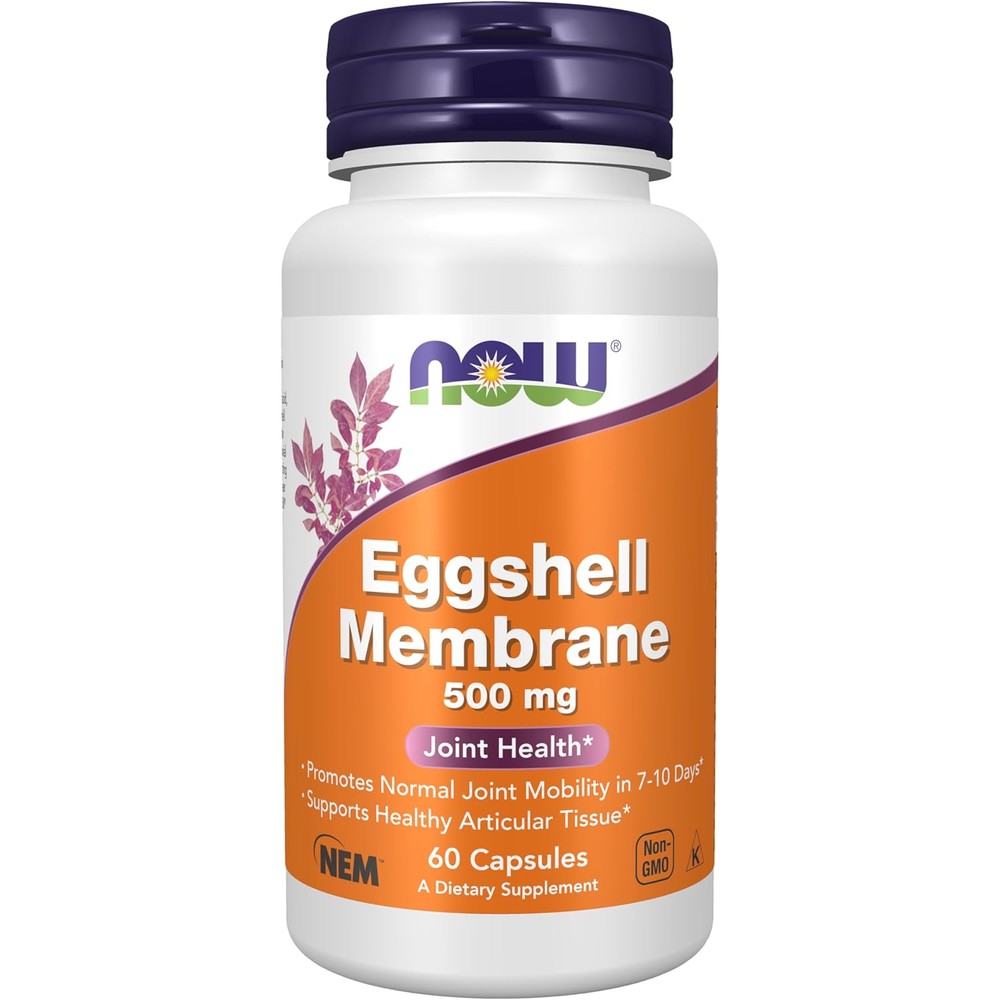 NOW Foods Eggshell Membrane 500 mg 60 vegetarian capsules front view bottle for joint comfort