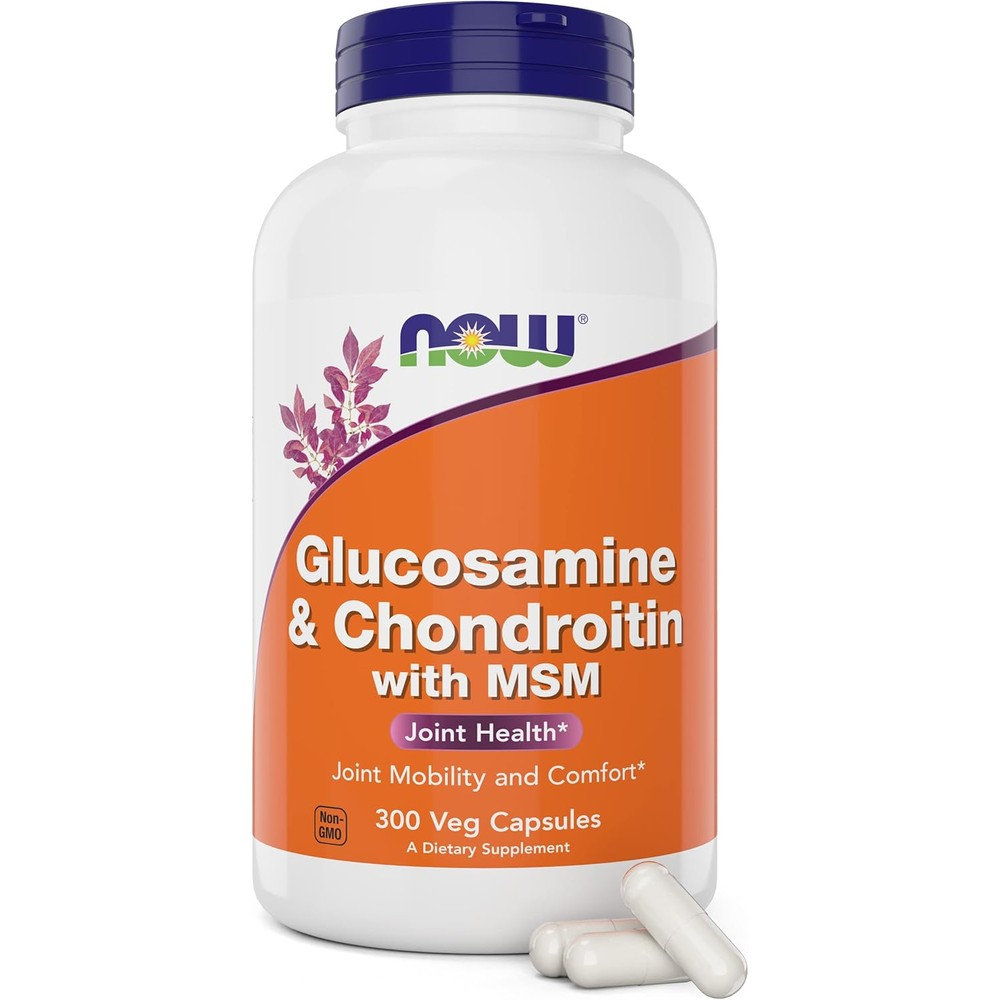 NOW Foods Glucosamine and Chondroitin with MSM 300 capsules front label for joint support