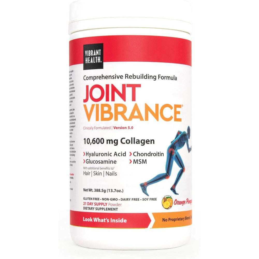 Vibrant Health Joint Vibrance Orange Pineapple powder tub front view for joint support.