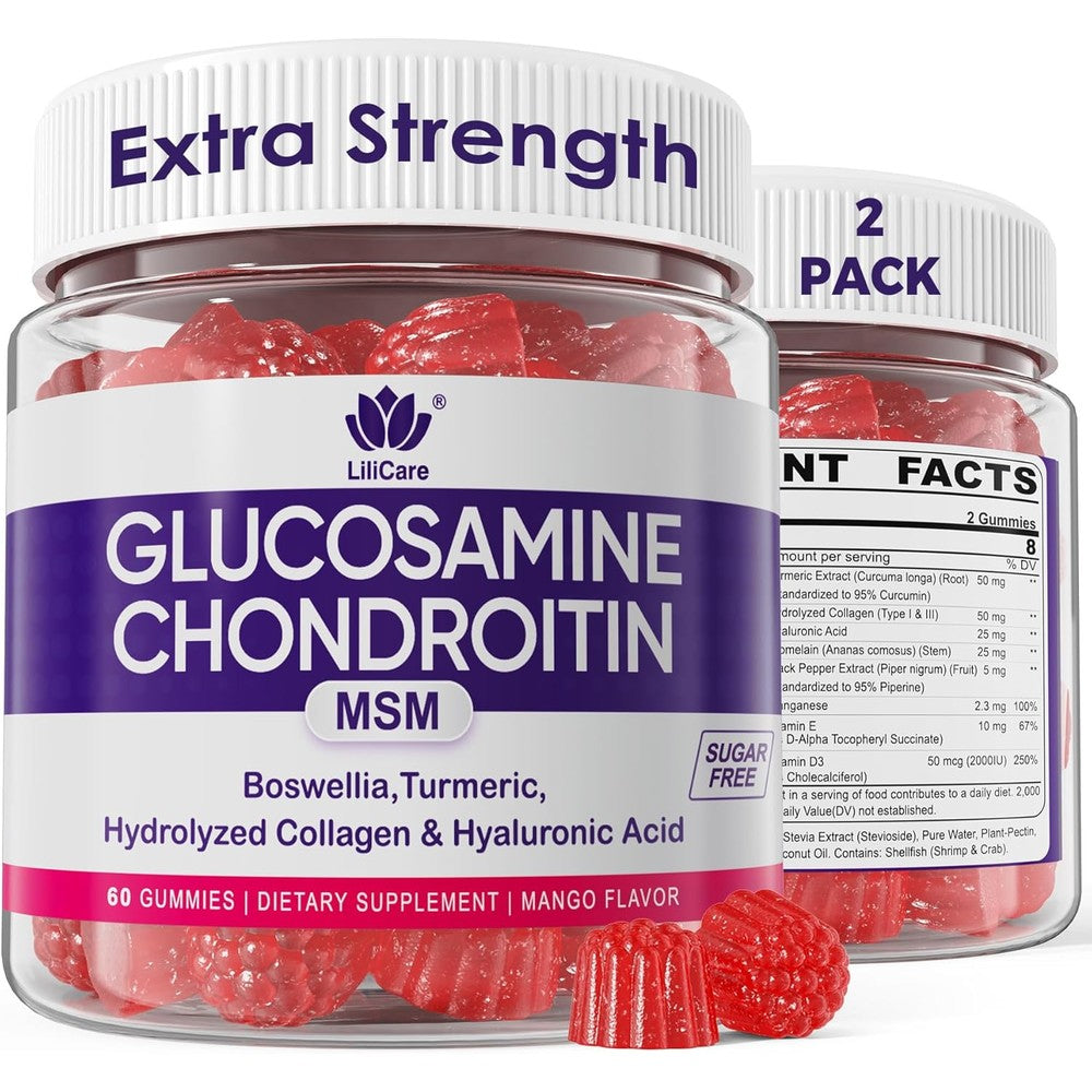 LiliCare Glucosamine Chondroitin Gummies Sugar Free MSM Supplement Extra Strength With Boswellia Turmeric Collagen And Hyaluronic Acid 120 Count