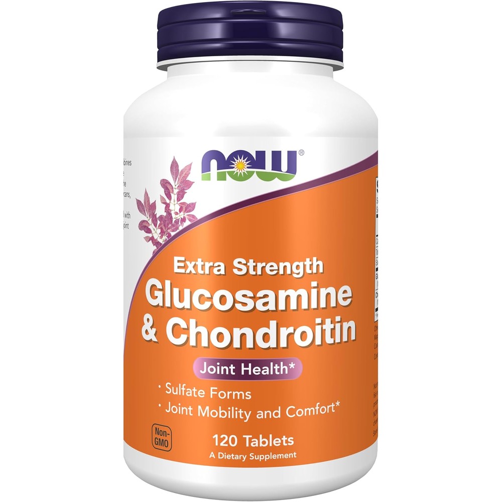 NOW Foods Glucosamine and Chondroitin Extra Strength bottle front view for joint support.