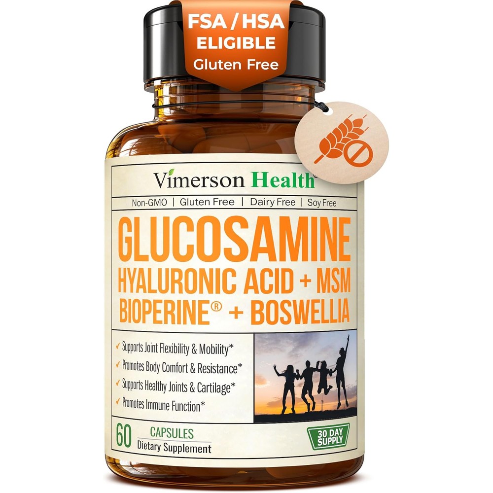 Vimerson Health Glucosamine Sulfate With Hyaluronic Acid Boswellia Methylsulfonylmethane And BioPerine Joint Support Supplement 60 Capsules