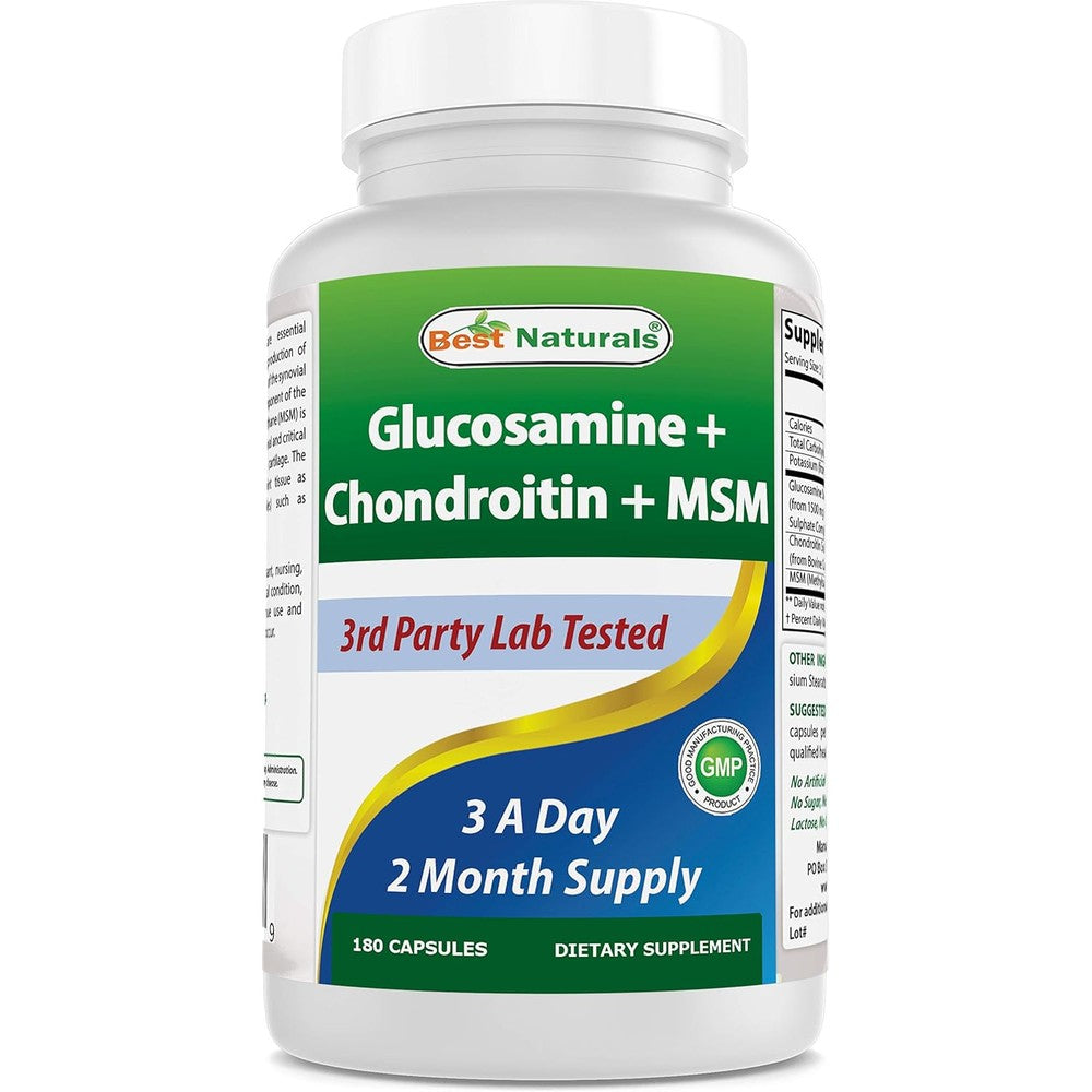Best Naturals Glucosamine Chondroitin and MSM 180 capsules front bottle view for joint health.