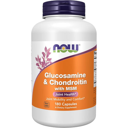 NOW Foods Glucosamine and Chondroitin with MSM 180 capsules front view showing joint health supplement packaging