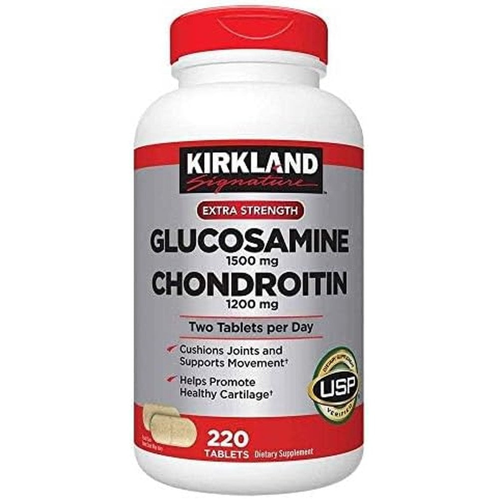 Kirkland Signature Extra Strength Glucosamine Chondroitin 220 Tablets front view for joint support.