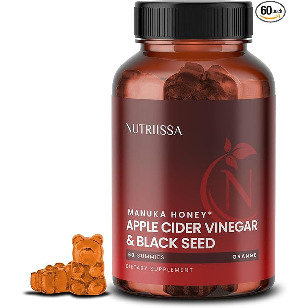 Nutriissa apple cider vinegar and black seed oil gummies front view bottle
