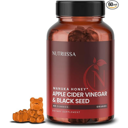 Nutriissa Apple Cider Vinegar and Black Seed Oil Gummies front bottle view imported dietary supplement