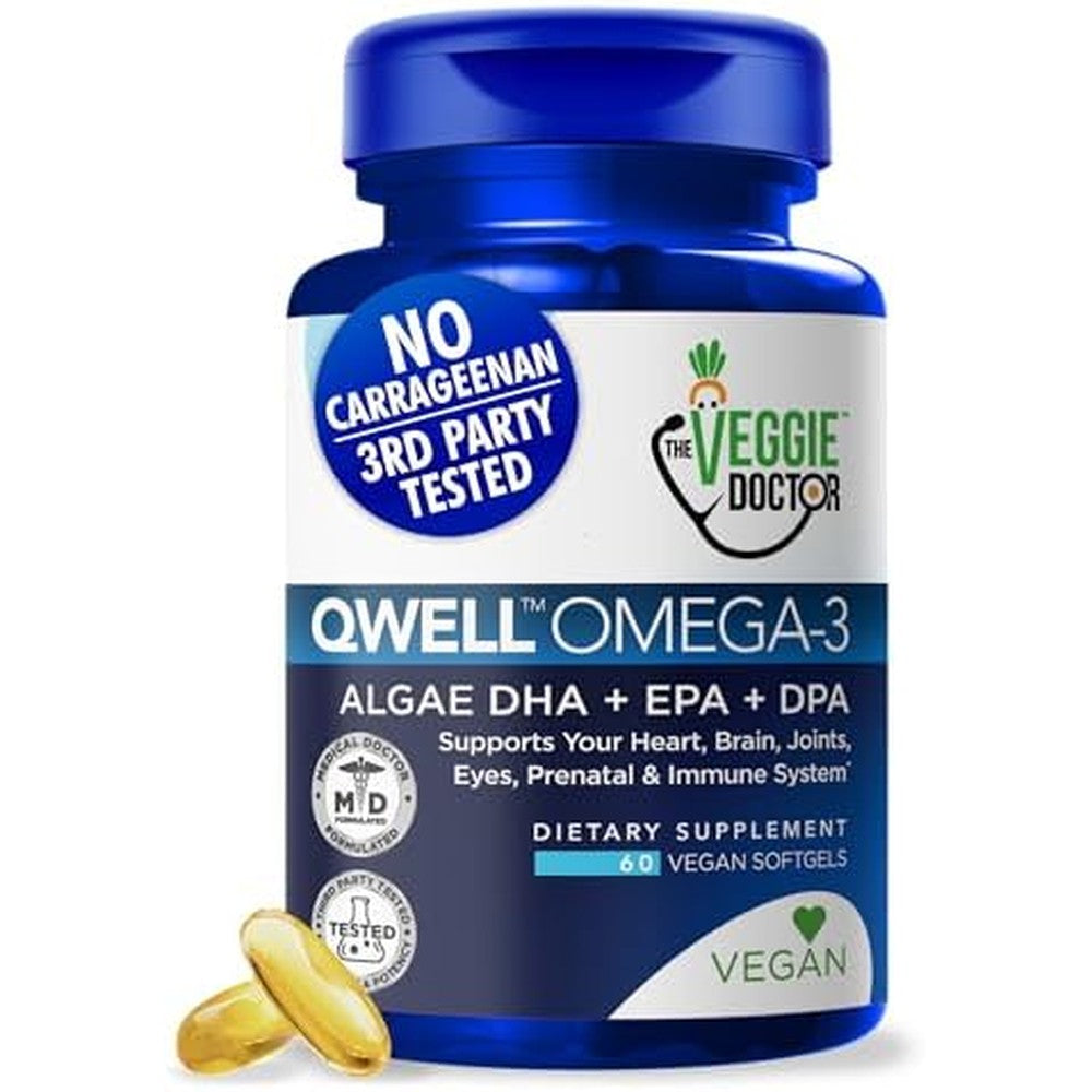 The Veggie Doctor Vegan Omega 3 Algae Softgels front view of supplement bottle showcasing clean plant based formulation labels