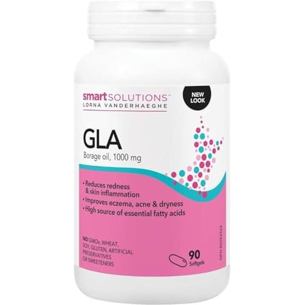 Lorna Vanderhaeghe Smart Solutions GLA Borage Oil 1000 mg bottle front view showing ninety softgels for skin health.