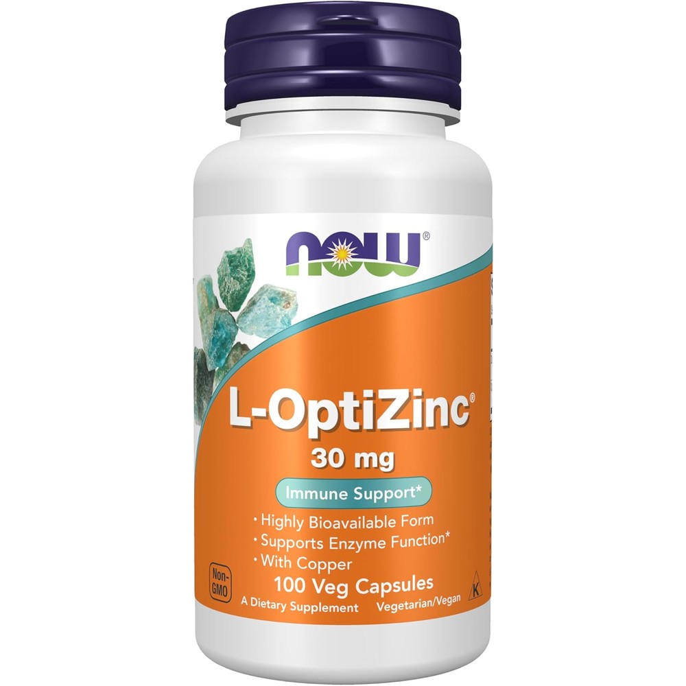NOW Foods L-OptiZinc 30 Milligrams 100 Vegetable Capsules front bottle view for immune support