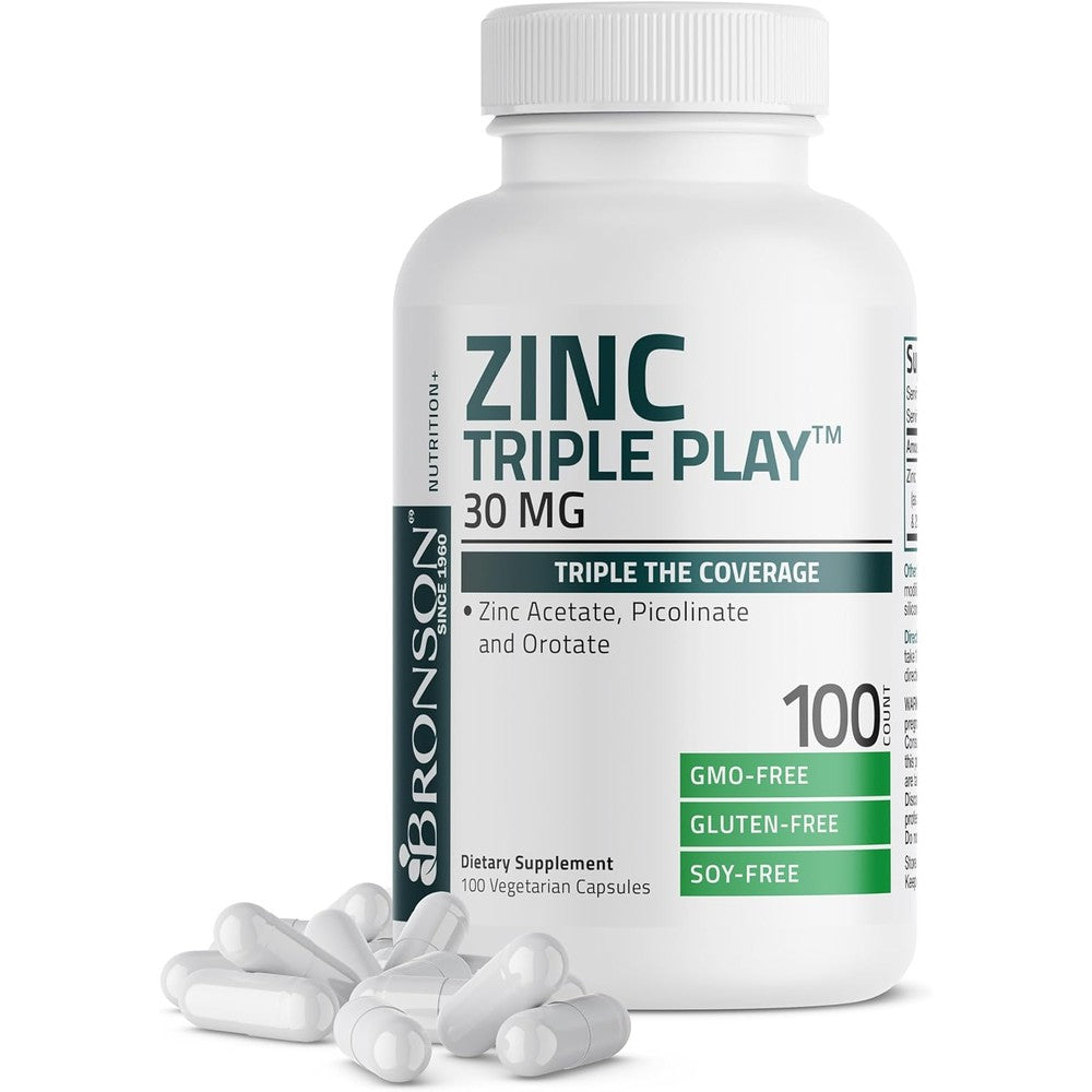 Bronson Zinc Triple Play 30 Milligram bottle front view showing immune support supplement.