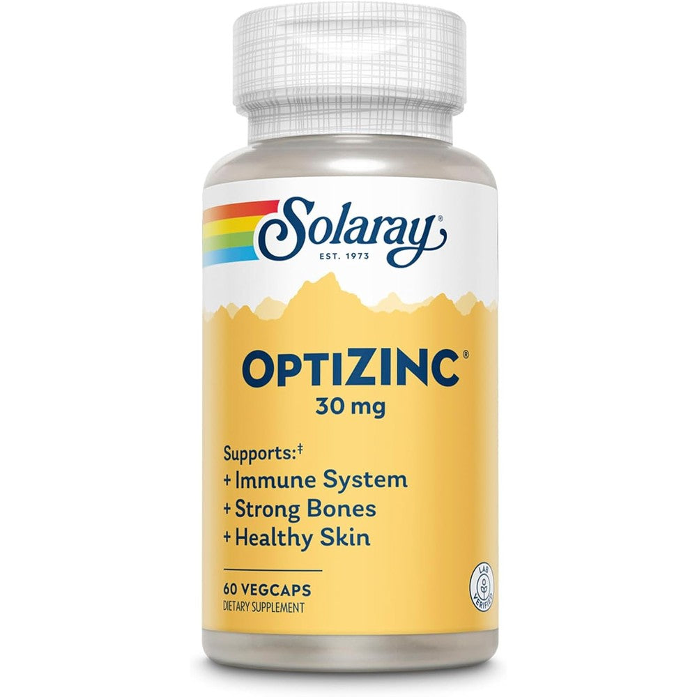 Solaray OptiZinc 30mg bottle front view premium imported immune defense supplement