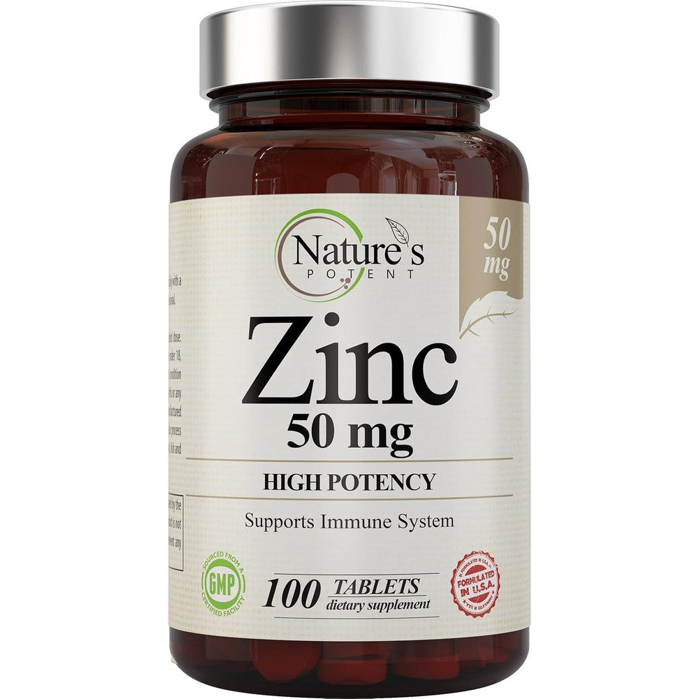 Nature's Potent Zinc 50mg immune support supplement front bottle view