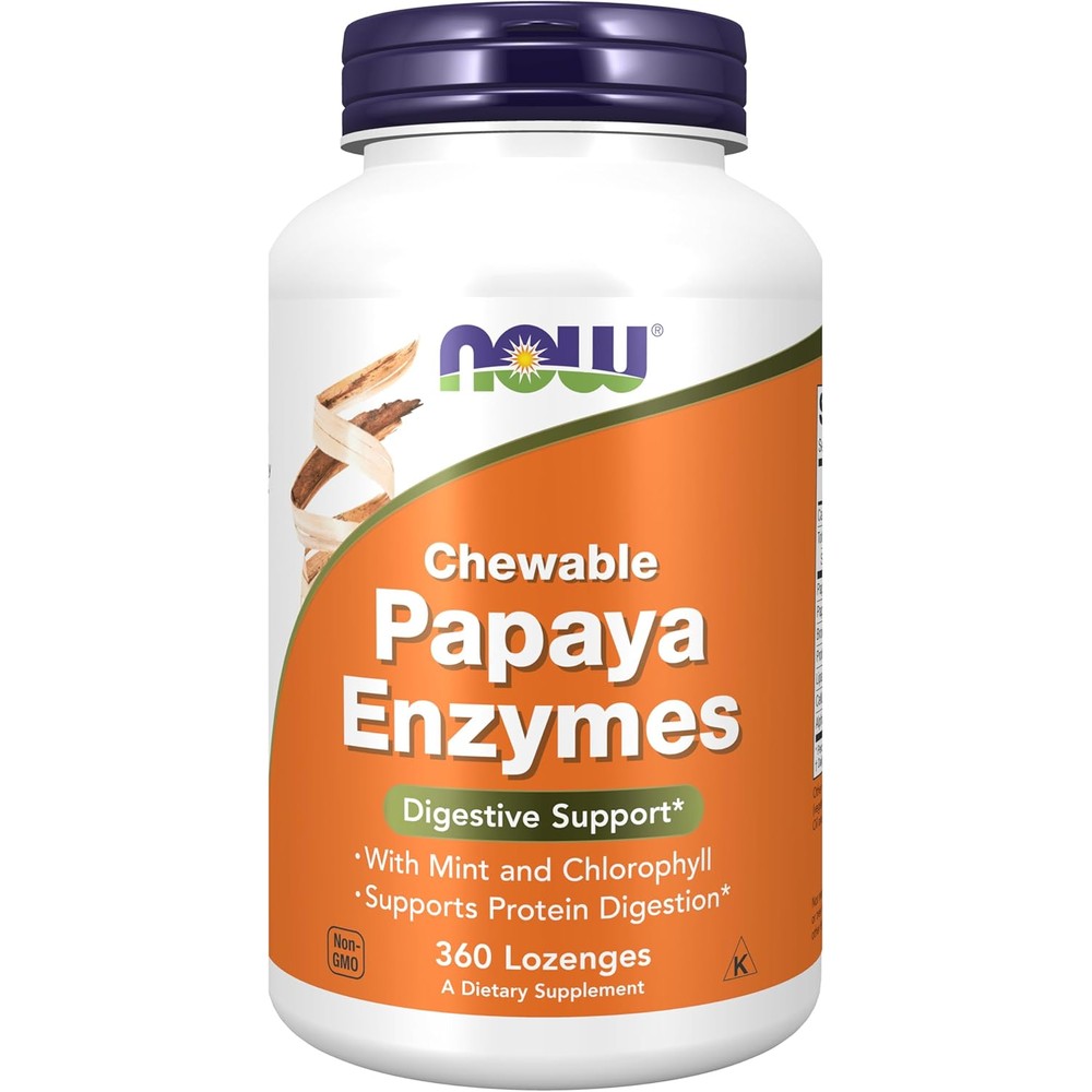 NOW Foods Papaya Enzyme 360 Lozenges front view bottle of digestive support chewables.
