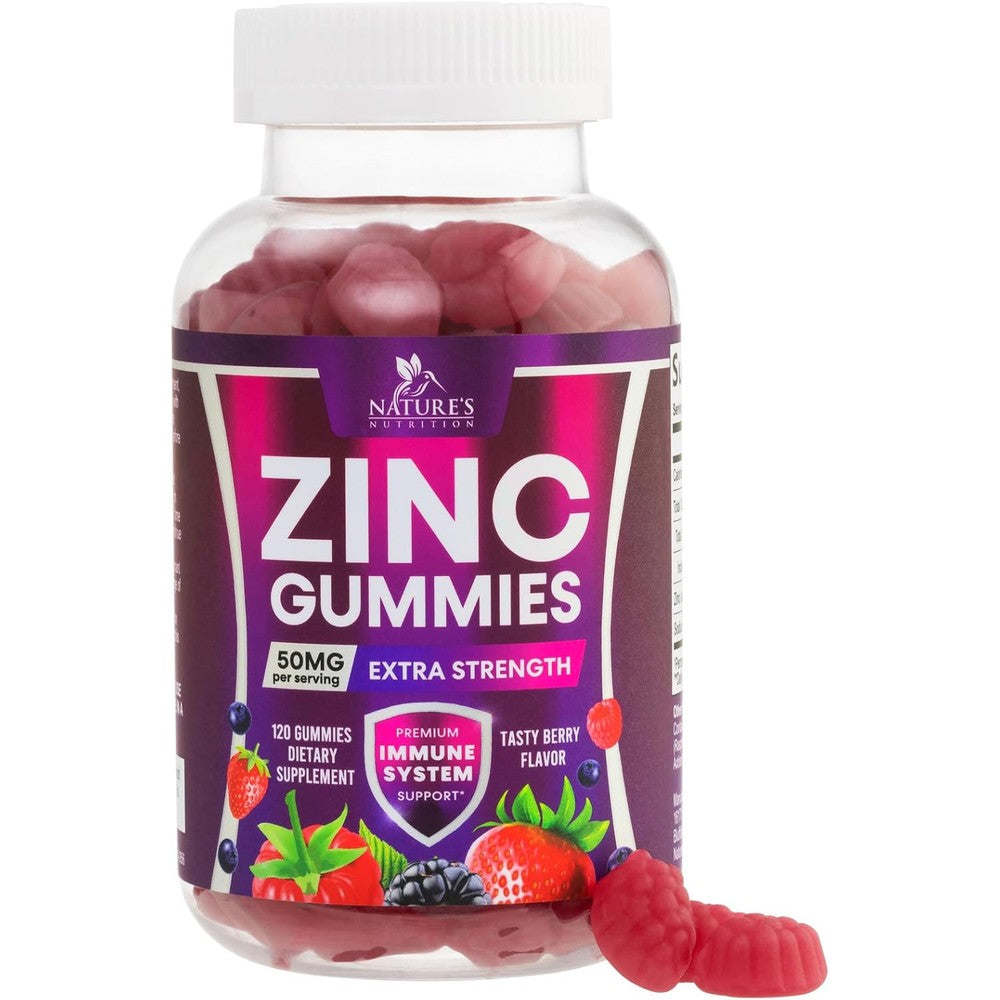 Nature’s Nutrition zinc gummies 50mg for immune and skin support berry flavor