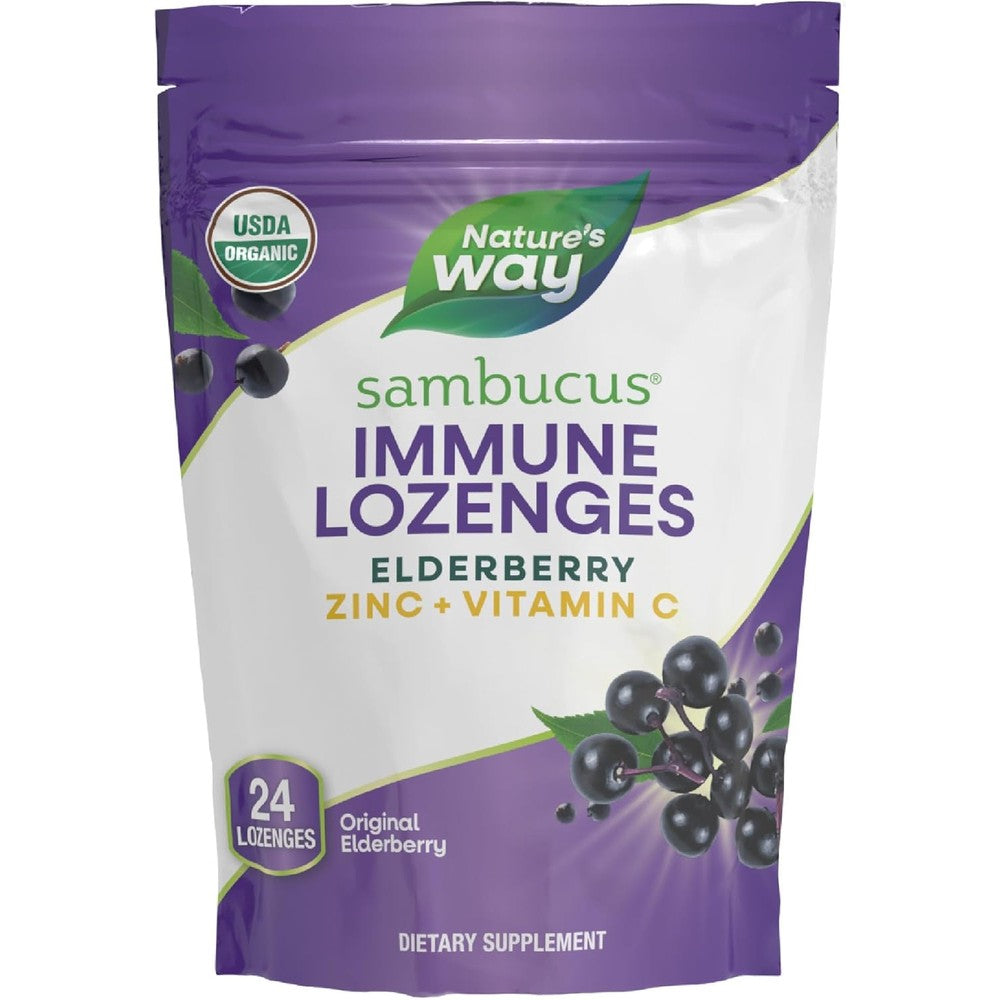 Nature's Way Sambucus Immune Lozenges front packaging showing elderberry zinc and vitamin c details