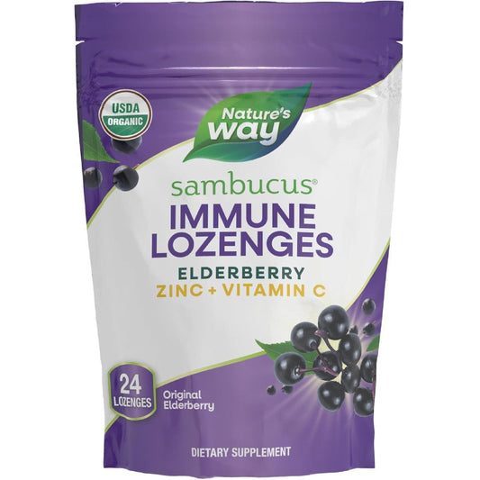 Nature's Way Sambucus Immune Lozenges front packaging showing elderberry zinc and vitamin c details
