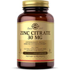 Solgar Zinc Citrate 30 Milligrams Vegetable Capsules front view bottle