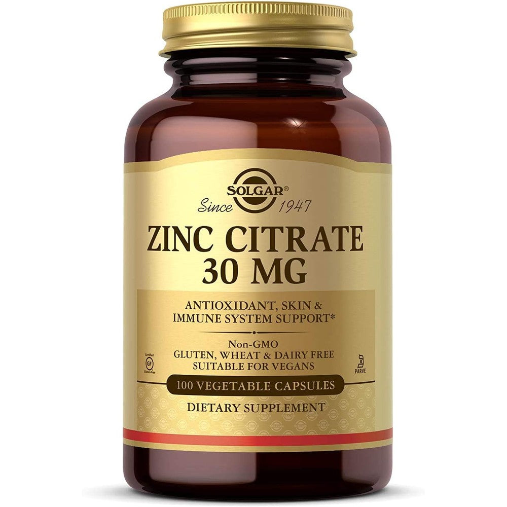 Solgar Zinc Citrate 30mg 100 Vegetable Capsules front bottle view for immune system health support