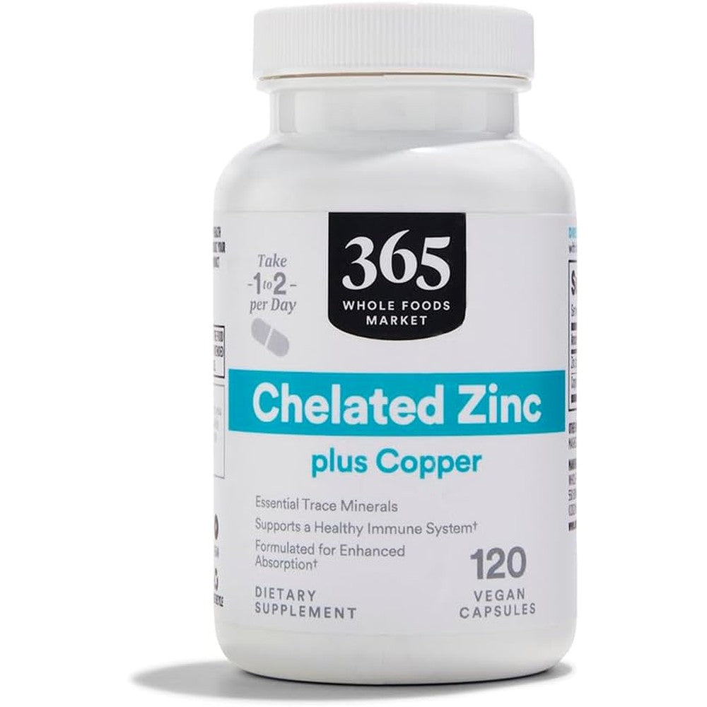 365 By Whole Foods Market Chelated Zinc Plus Copper 120 Tablets front bottle view