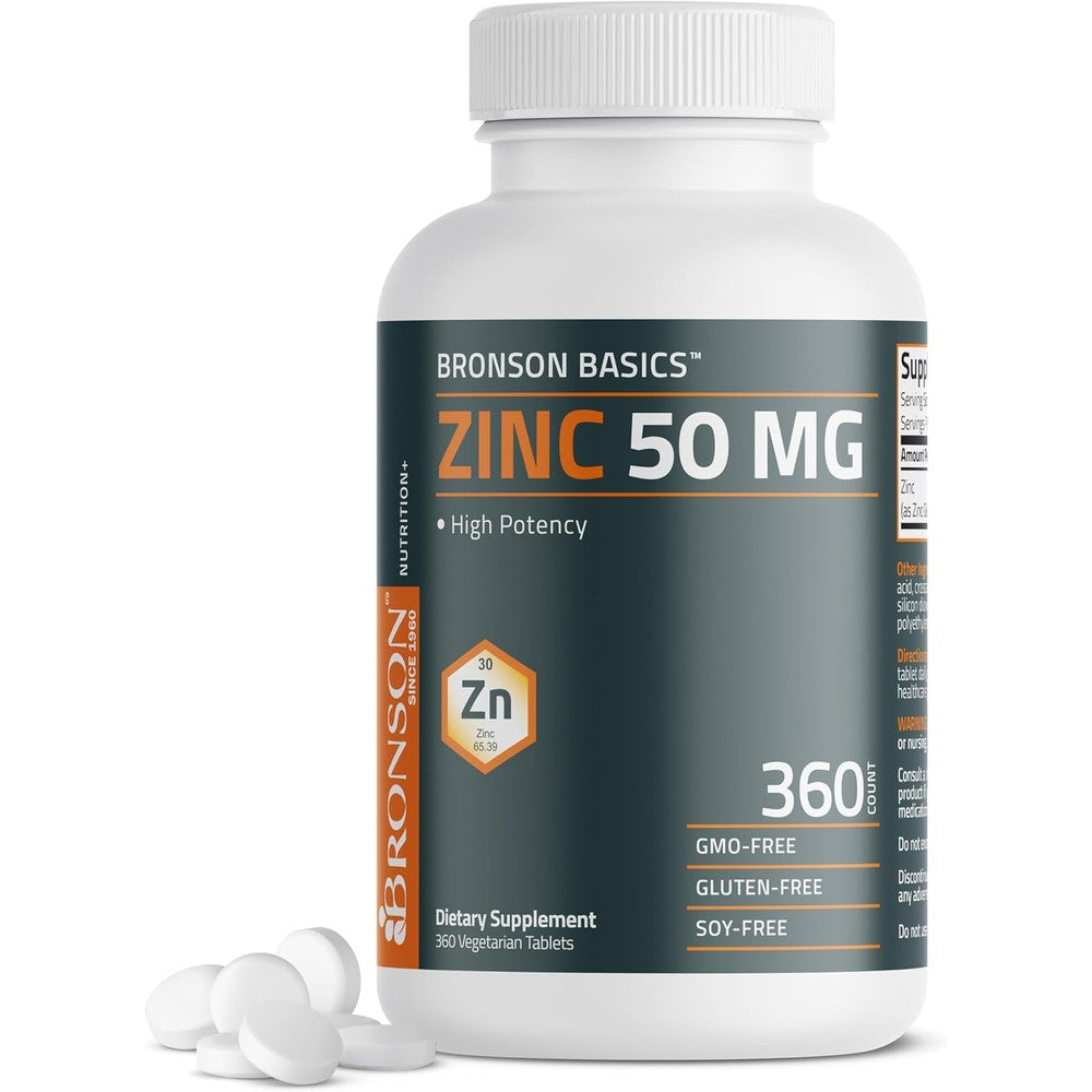 Bronson Basics Zinc 50 mg high potency 360 vegetarian tablets for immune health