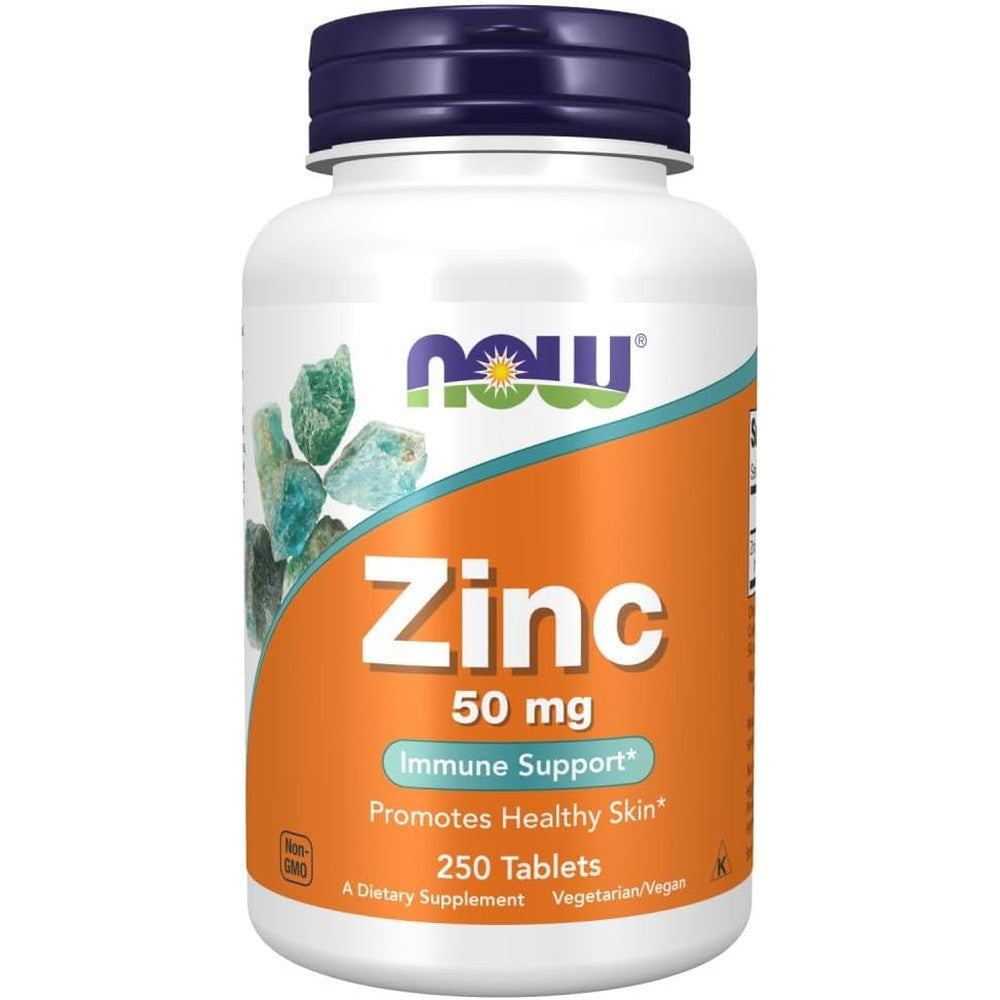 NOW Foods Zinc Gluconate 50mg 250 Tablets front label view showing immune support benefit.
