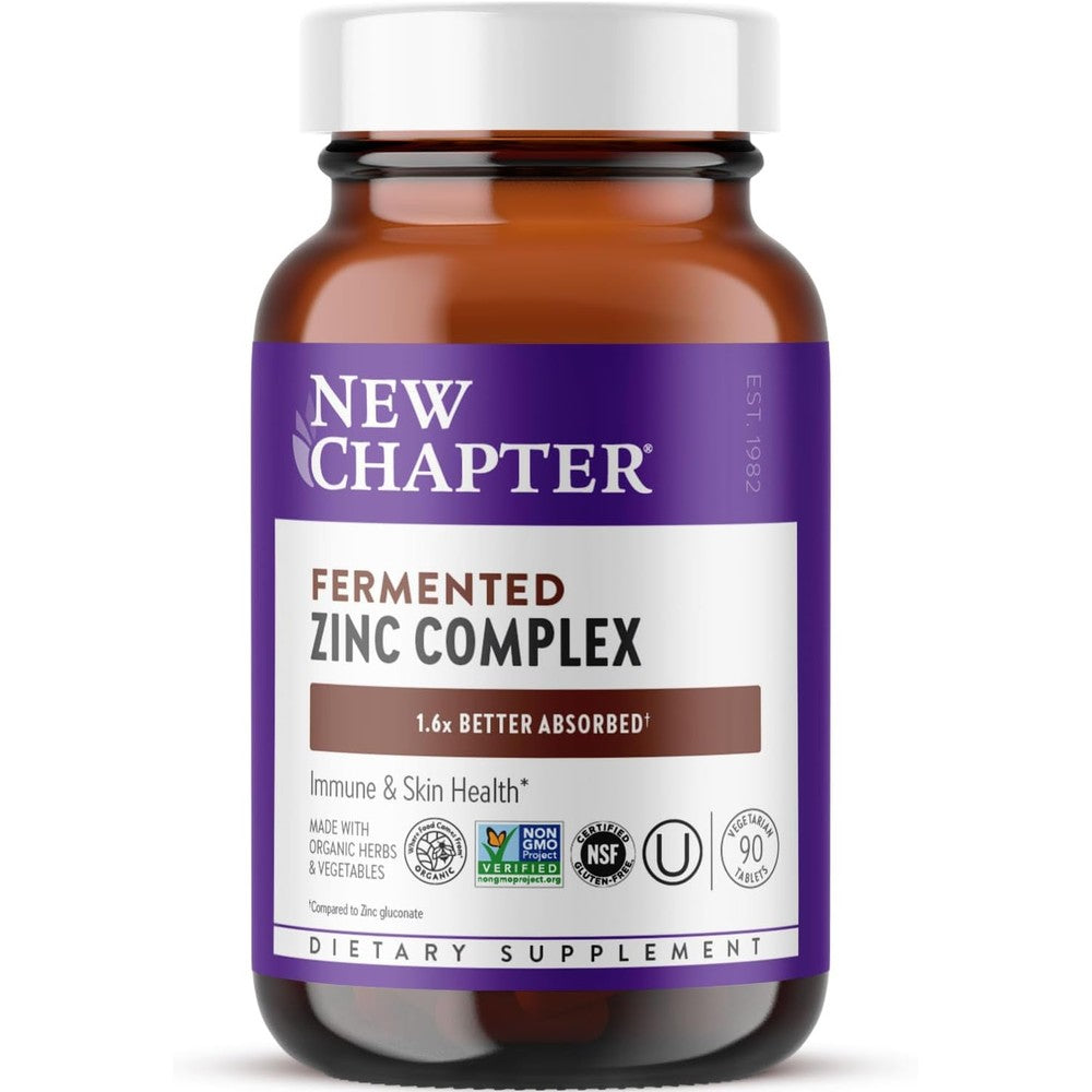 New Chapter Fermented Zinc Complex 90 tablets bottle for immune support and skin health