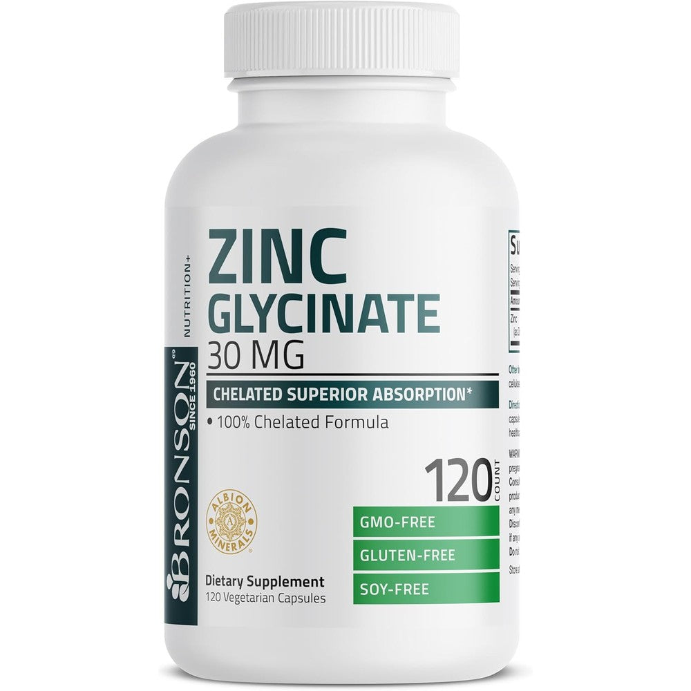 Bronson Zinc Glycinate 30mg chelated mineral capsules for superior absorption