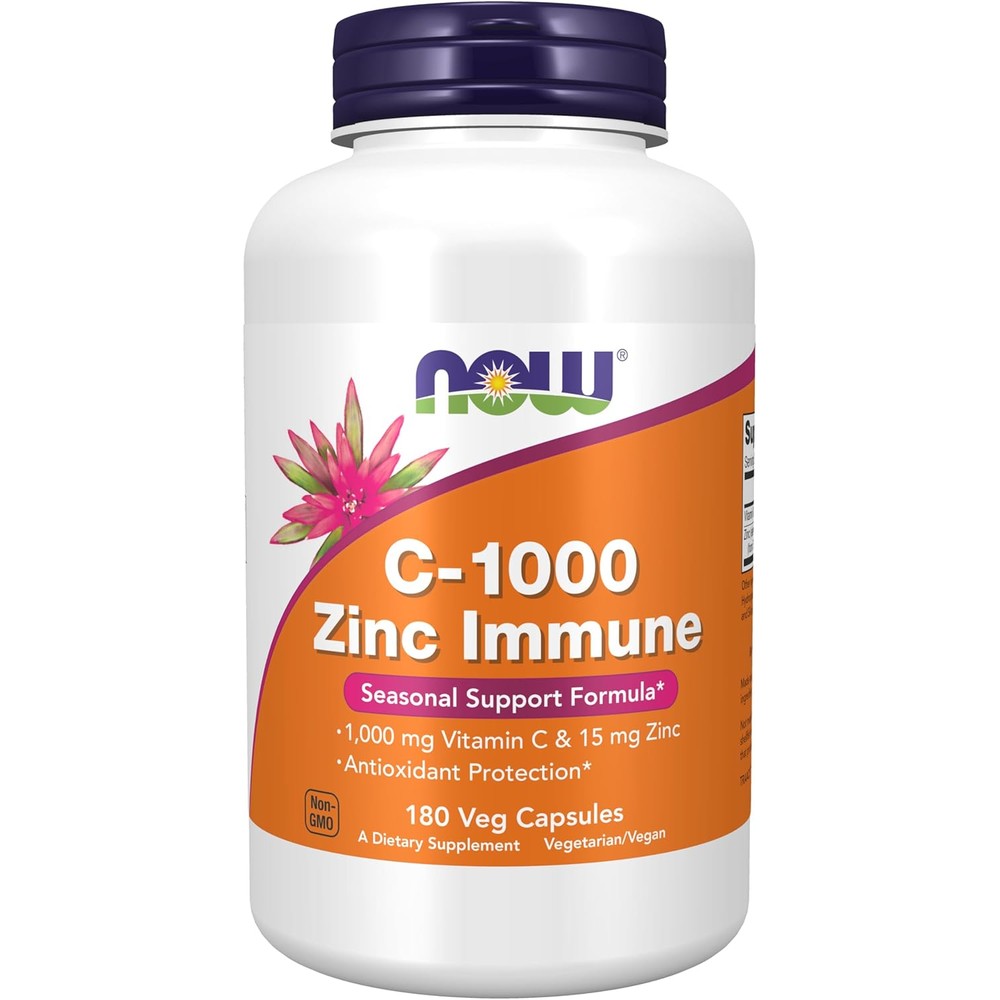 NOW Foods Vitamin C 1000 Zinc Immune 180 Vegetarian Capsules Front Bottle View