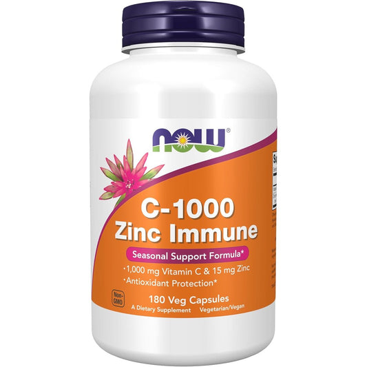 NOW Foods Vitamin C 1000 Zinc Immune 180 Vegetarian Capsules Front Bottle View