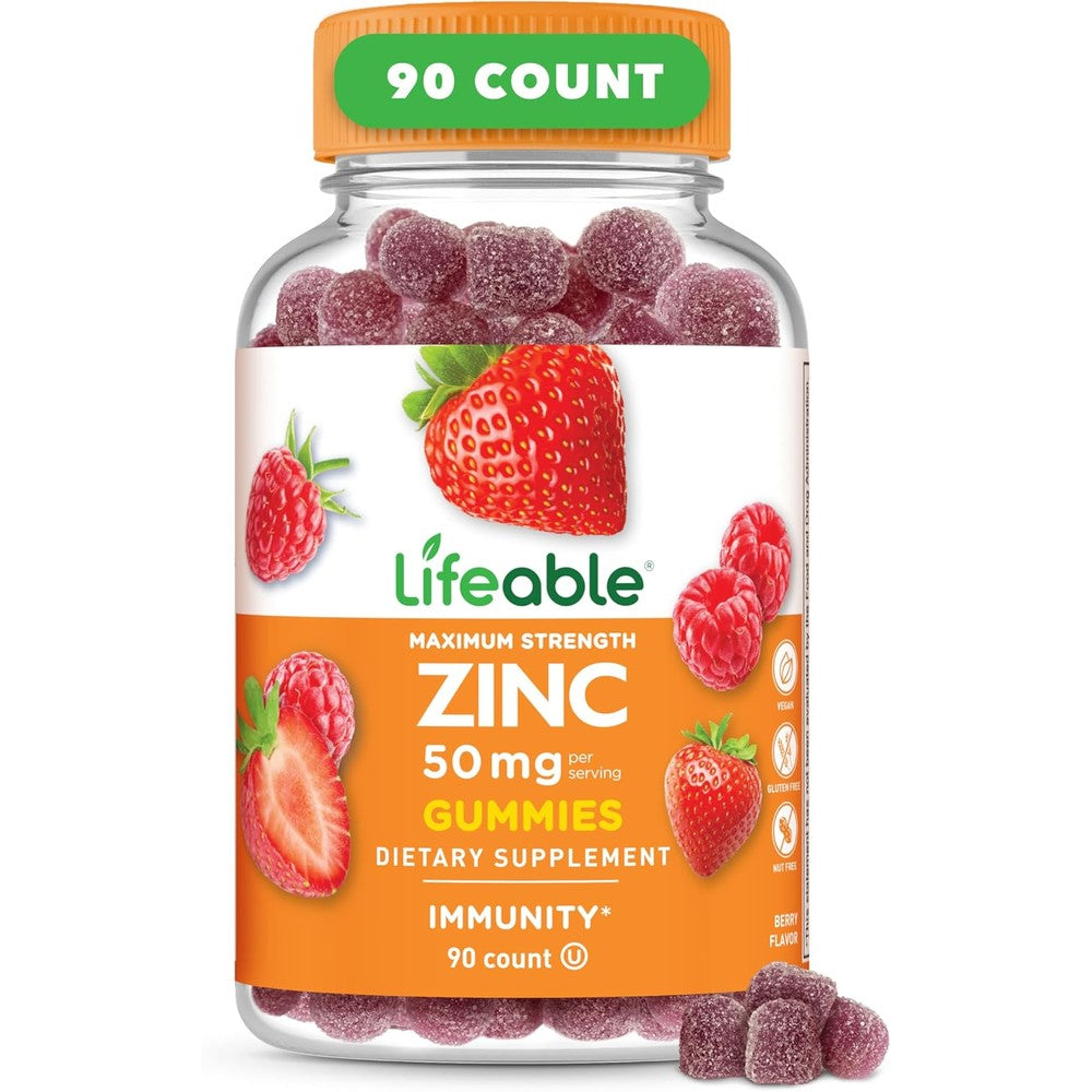 Lifeable High Potency Zinc Gummies 90 count bottle front view featuring premium immune support chewables
