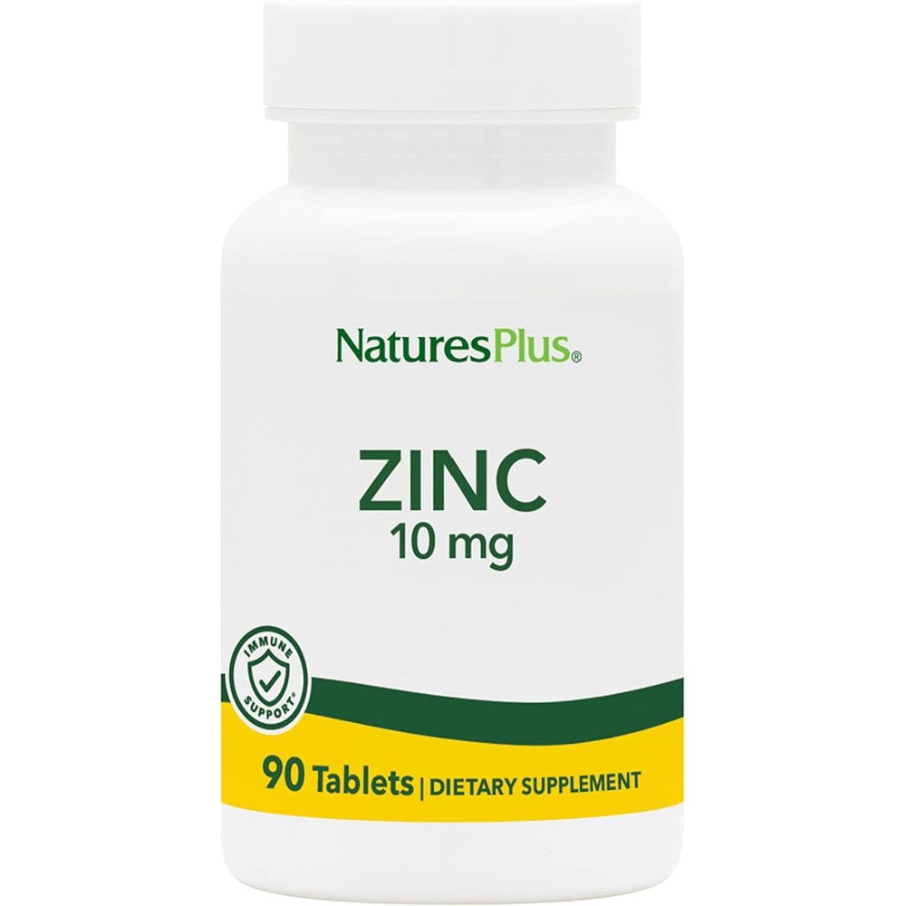 NaturesPlus Zinc 10mg 90 Vegetarian Tablets front packaging showing immune system support benefits.